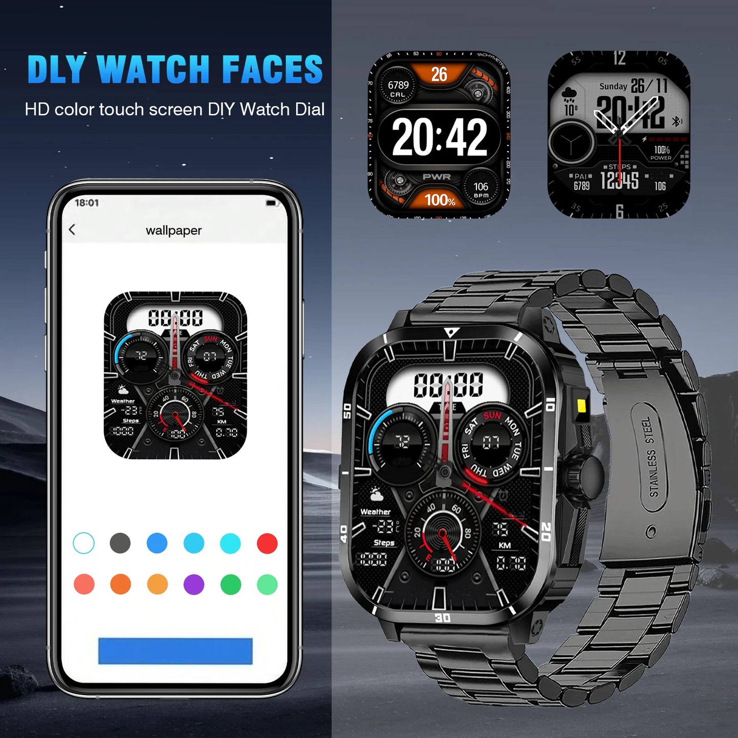 Smart Watch, Full Touchscreen Sports Watch, Bluetooth Calling, With Flashlight, Unisex, Compatible with Android and iPhone.