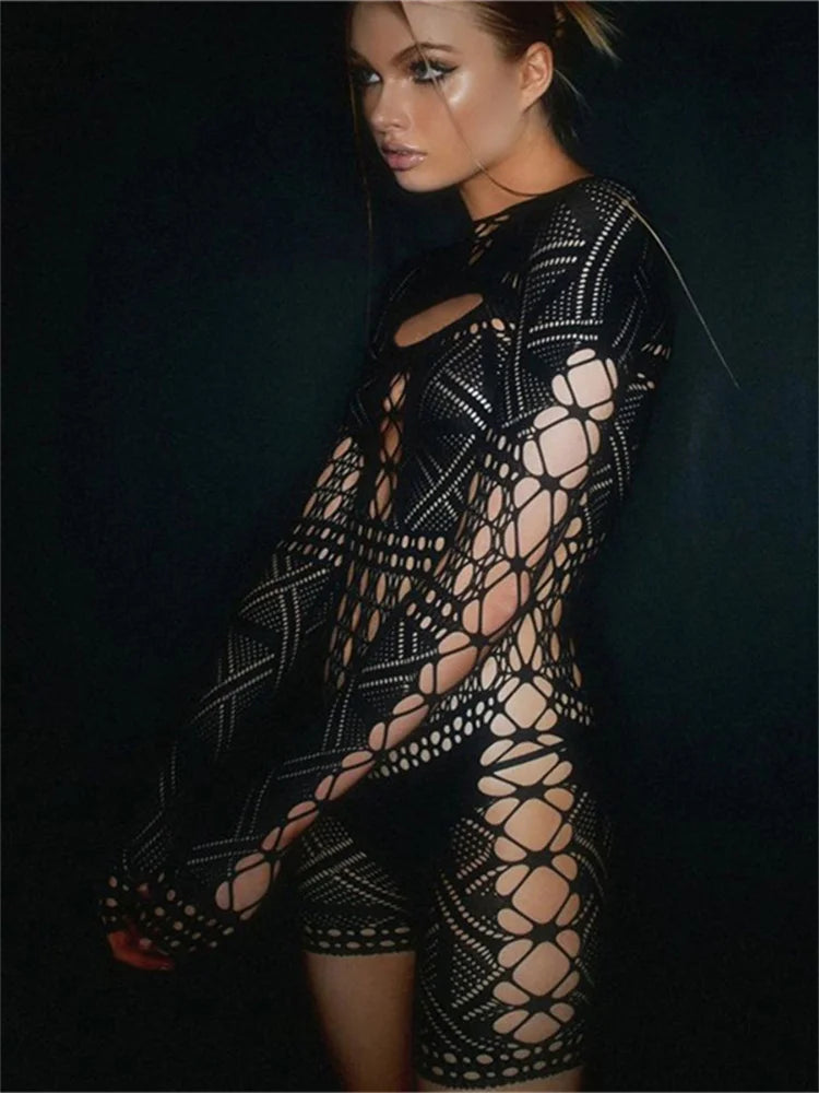 Streetwear Women 2023 One-pieces Outfits Rompers Jumpsuits Summer Long Sleeve Hollow Out Bodycon Mesh Black Romper Playsuits