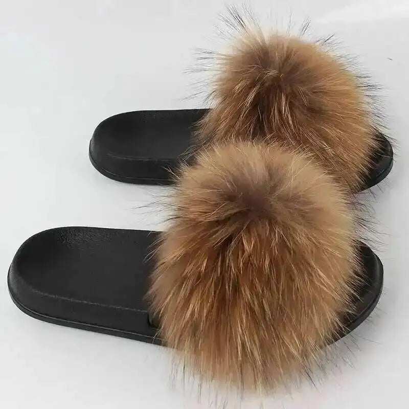 Real Raccoon Fur Slippers For Women 2026 Summer Fluffy Indoor House Fuzzy Flat Slides Outdoor Fashion Beach Sandals Flip Flops