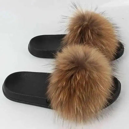 Real Raccoon Fur Slippers For Women 2026 Summer Fluffy Indoor House Fuzzy Flat Slides Outdoor Fashion Beach Sandals Flip Flops