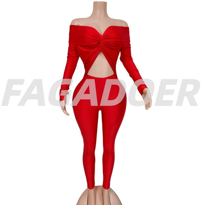 FAGADOER Sexy Hollow Out Bodycon Jumpsuit Woman Solid Color Off Showlder Backless Rompers Female Streetwear Overalls 2025 New