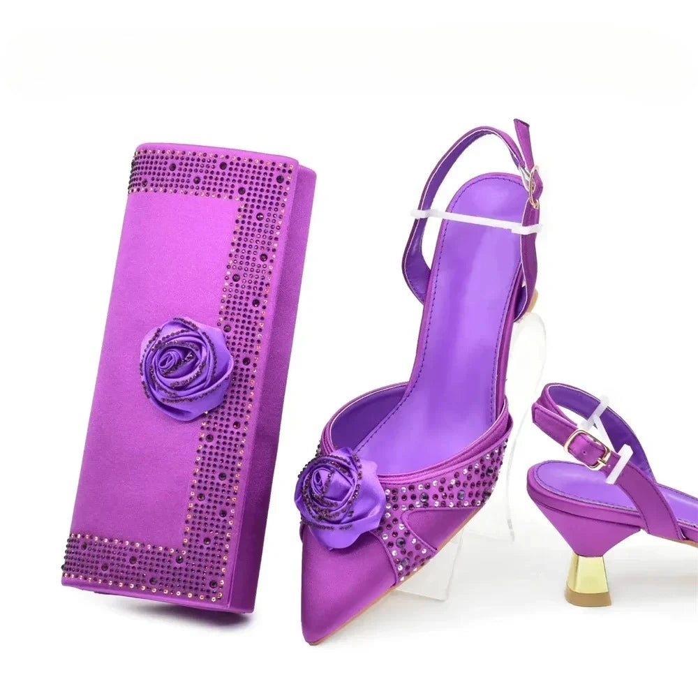 New Fashion Rhinestone Women Shoes and Bags To Match Set Nigeria Party Women's Pumps with Handmade Flowers Bag and Shoe Set