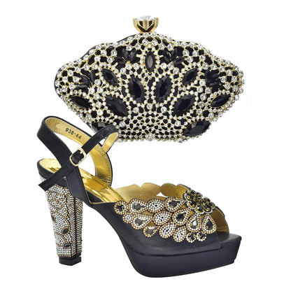 Fashion Italian Shoe and Bag Set for Party In Women Afrcan Party Shoes with Bag Set with Rhinetsone Luxury Shoes Women Designers