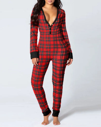 Sexy Pyjama Women's Long Sleeves Homewear Suit Button-Down Front Back Butt Bum Open Ass Flap Jumpsuit Loungewear Christmas Print
