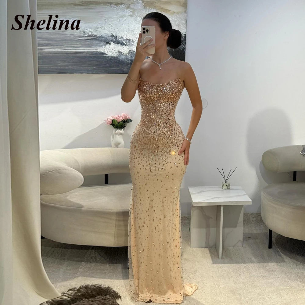 Shelina Glittering Mermaid Prom Dresses For Women Sweetheart Rhinestones Sleeveless Formal Evening Vestidos De Noche Customized