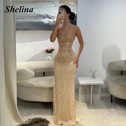 Shelina Glittering Mermaid Prom Dresses For Women Sweetheart Rhinestones Sleeveless Formal Evening Vestidos De Noche Customized