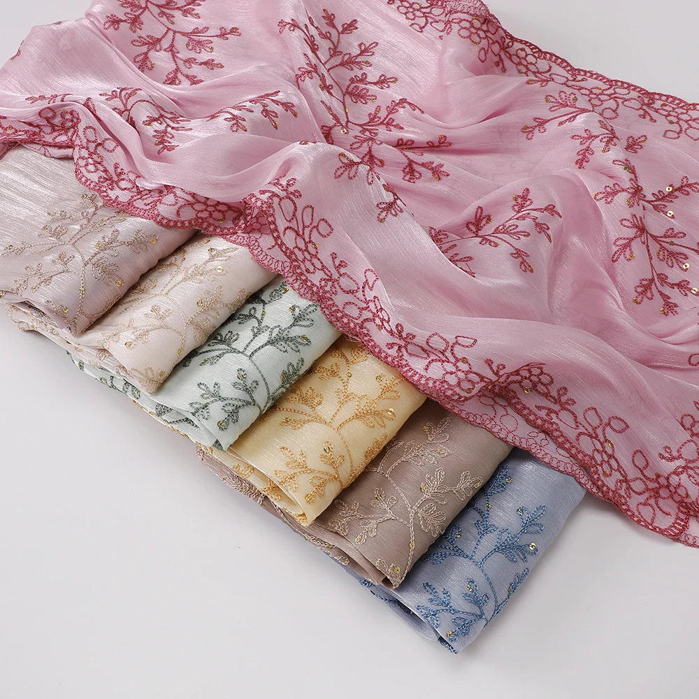 Luxury Sequin Floral Hijab Shimmer Shawl Glitter Shiny Headscarf Elegant Muslim Head Scarf for Wedding Soft Flowy Lace Edge