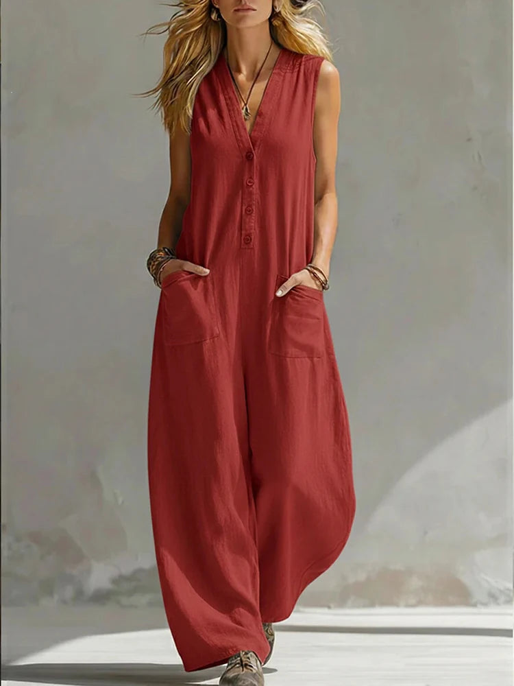 Women Casual Sleeveless V Neck Jumpsuit Button Wide Leg Cotton Linen Long Pants Romper Loose Baggy Summer Streetwear Outfits