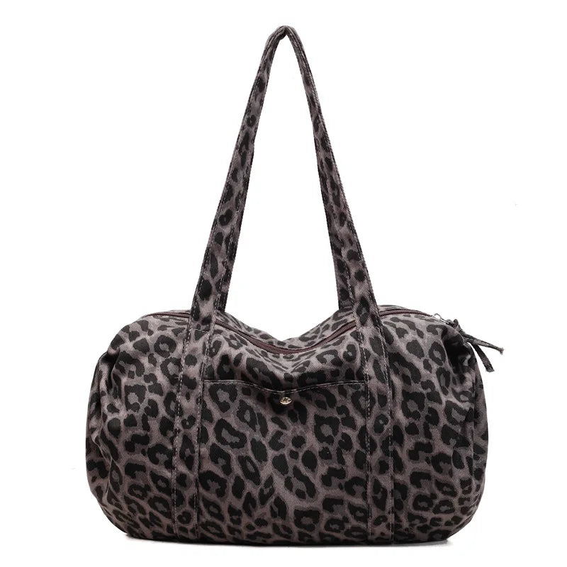 Trendy Leopard Print Canvas Shoulder Bag Large Capacity Fashion Tote Handle Bag for Daily Commute Versatile Texture Storage Bags