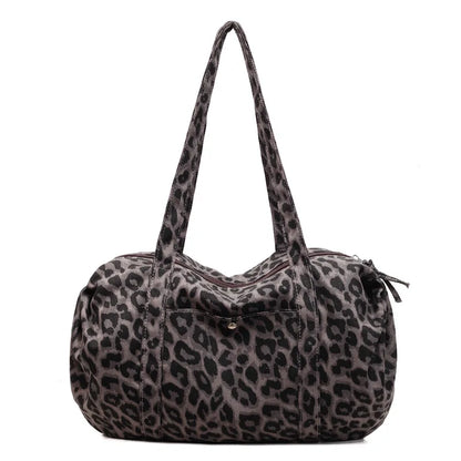 Trendy Leopard Print Canvas Shoulder Bag Large Capacity Fashion Tote Handle Bag for Daily Commute Versatile Texture Storage Bags
