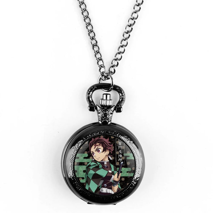 Kamado Tanjirou Design Glass Dome Quartz Pocket Watch With Durable Chain Arabic Numeral Dial For Men And Women Creative Gifts