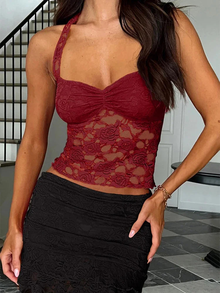 Spring/Summer 2025 New Arrival Women's Y2K Style Sleeveless Lace-Trimmed Fitted T-Shirt Lace-Tie Plain-Colour Tank Top