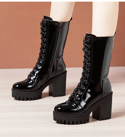 10cm Small Size 32-43 Fall Winter Genuine Leather Boots Platform Shoes 2026 Womens Block High Heels Mid Leg Boots Office Model