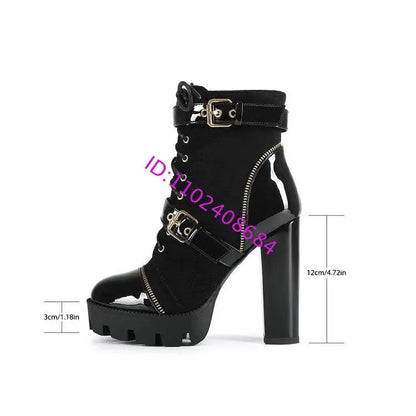 Design Women Black Leather Round Toe Rivets Metal Zippers Block High Heel Thick Bottom Ankle Boots Belt Buckles Platform Boots