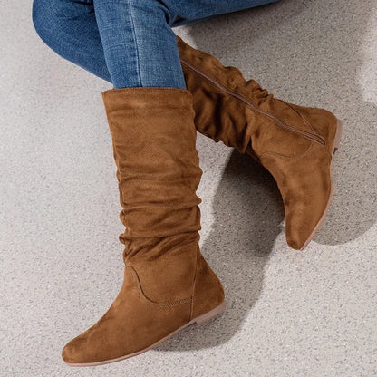 Fashion Faux Suede Mid-calf Boots for Women Plus Size Autumn and Winter New Round Toe Side Zipper Pleated Flat Boots Botas Mujer