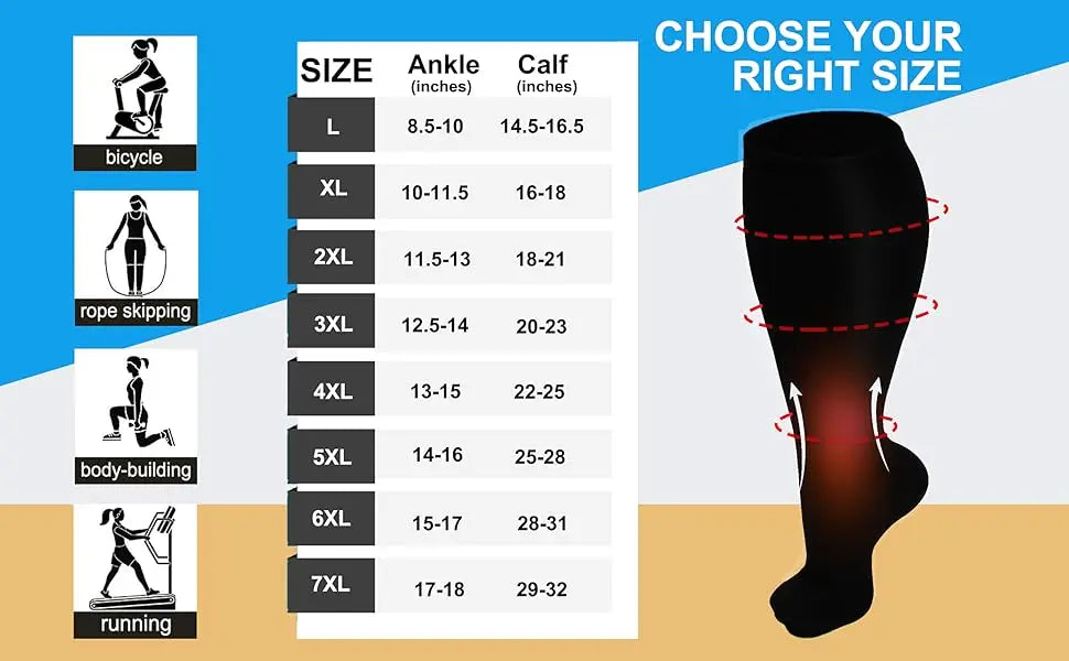 1Pair Plus Size 2XL-7XL New Compression Socks Unisex Wide Calf Knee High Compression Stockings Support for Circulation Nurses