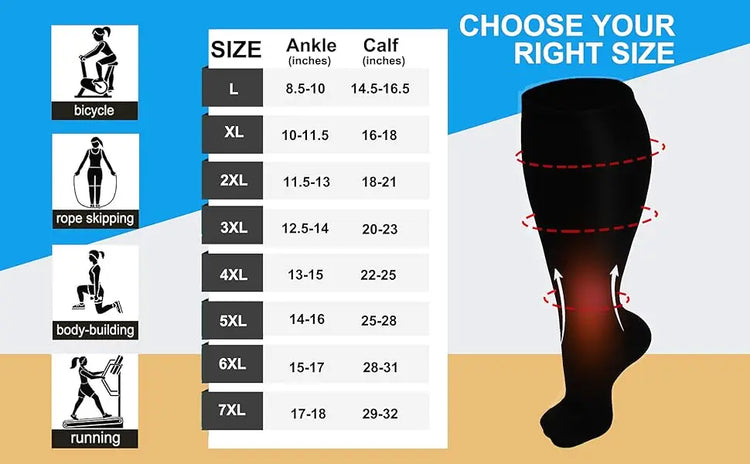 1Pair Plus Size 2XL-7XL New Compression Socks Unisex Wide Calf Knee High Compression Stockings Support for Circulation Nurses