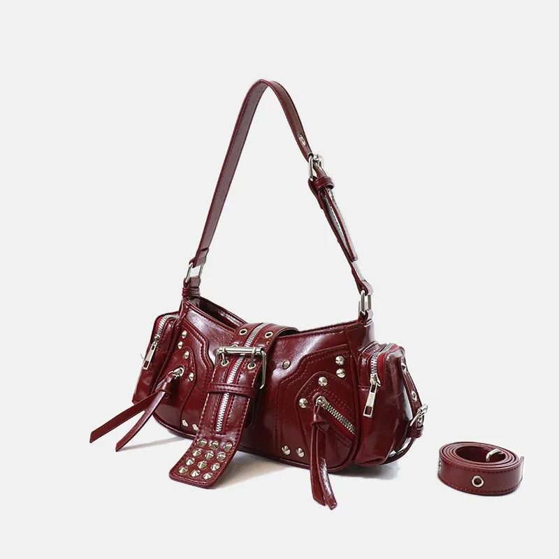 Women's Y2k Punk Vintage Shoulder Purse PU Leather Gothic Rivet Handbag Waist Bag Luxury Black Cross Body Bags with Spikes