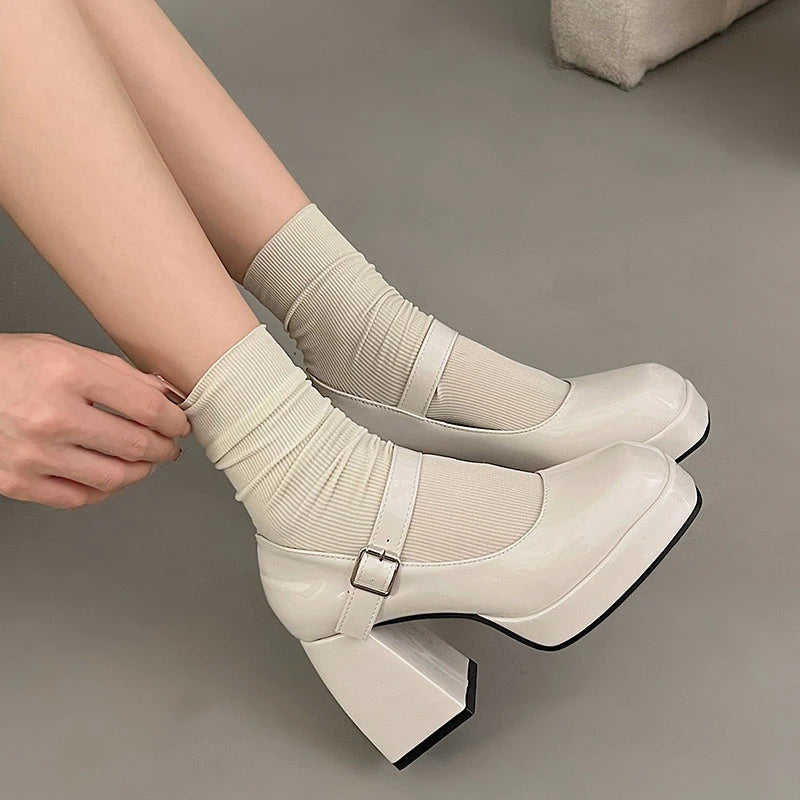 Lady's sexy ankle strap platform high-heeled shoes black leather square toe fashionable party style shoes large size for summer