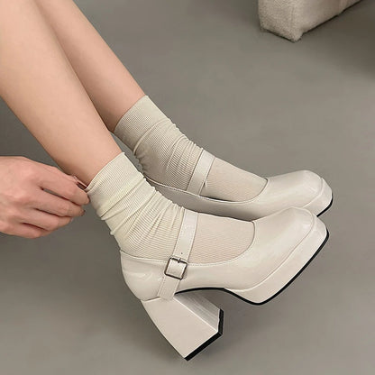 Lady's sexy ankle strap platform high-heeled shoes black leather square toe fashionable party style shoes large size for summer