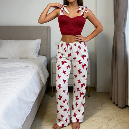 Women's Butterfly Print Tie Strap Cami Long Pants Pajama Set Summer Sexy Lounge Wear 2 Piece Set Female Soft Sleepwear