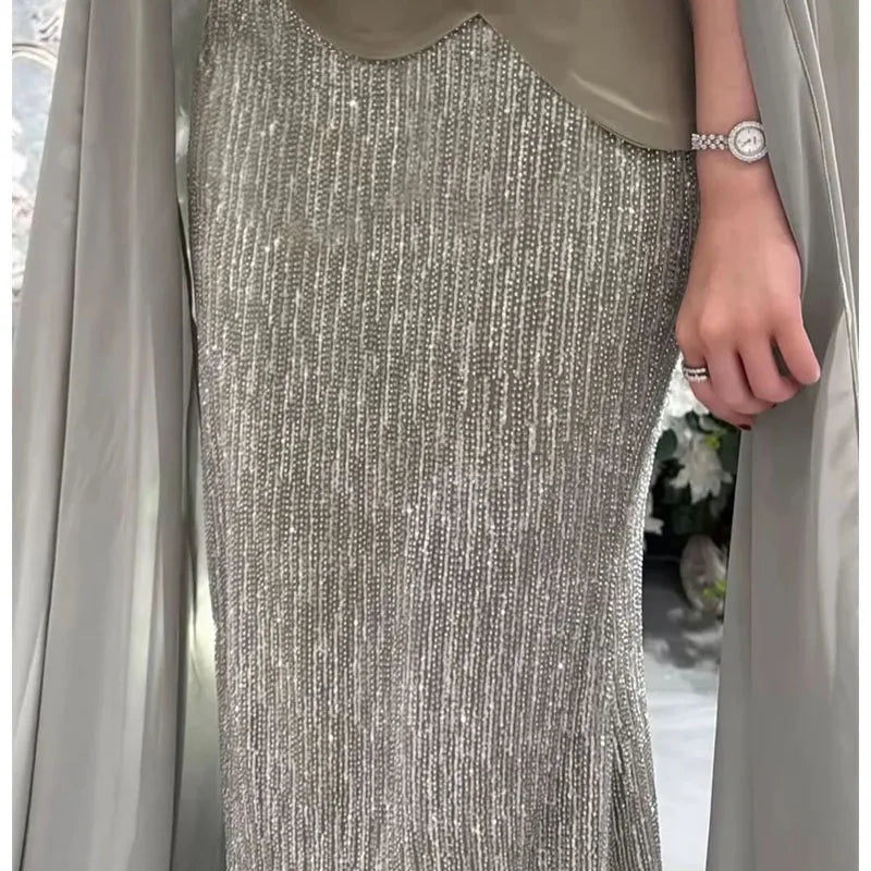 EVS Customized Off Shoulder Gray Evening Dresses Chic Mermaid Prom Dress 2026 Glitter Floor-Length Wedding Party Formal Gowns
