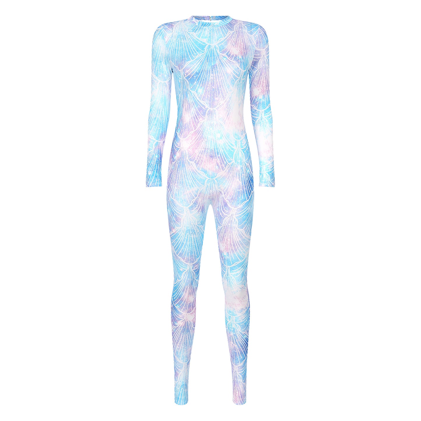 Womens Rash Guard One Piece Swimsuit Mermaid Fish Scale Print Long Sleeve Back Zipper Full Body Tops Sexy Swimwear Jumpsuit
