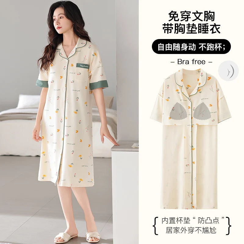 Newest M-5XL Women Short Sleeve Nightdress With Chest Pad Female Knited Cotton Nightwear Sleepdress