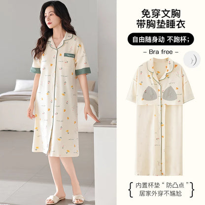 Newest M-5XL Women Short Sleeve Nightdress With Chest Pad Female Knited Cotton Nightwear Sleepdress