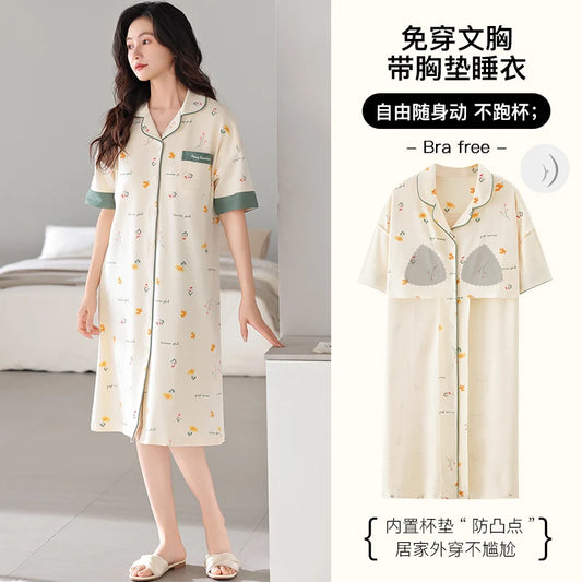 Newest M-5XL Women Short Sleeve Nightdress With Chest Pad Female Knited Cotton Nightwear Sleepdress
