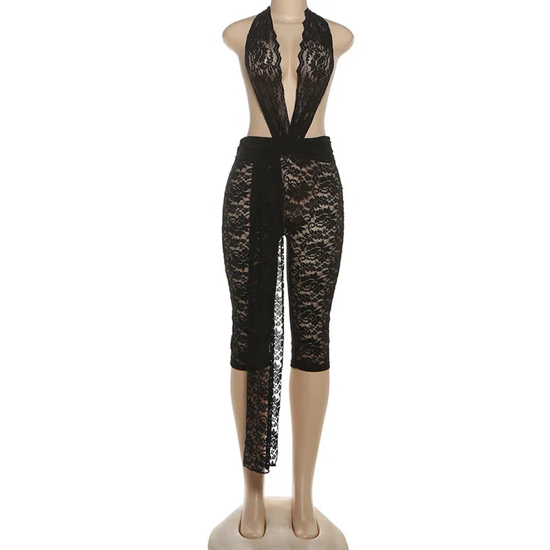 See Through Lace Ribbons Knee Length Jumpsuits Plunge V Neck Sleeveless Halter Backless Night Club Party Women Sexy Rompers