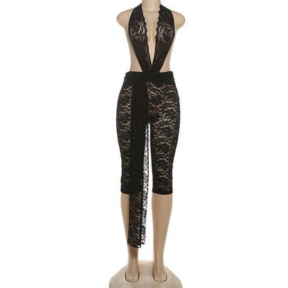 See Through Lace Ribbons Knee Length Jumpsuits Plunge V Neck Sleeveless Halter Backless Night Club Party Women Sexy Rompers