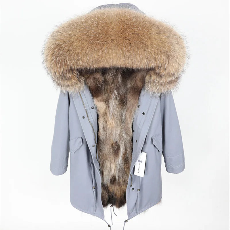 Maomaokong 2026 New Natural Fur Lining Real Fur Coat Winter Jacket Women Raccoon Fur Collar Warm Thick Parkas Female Clothing