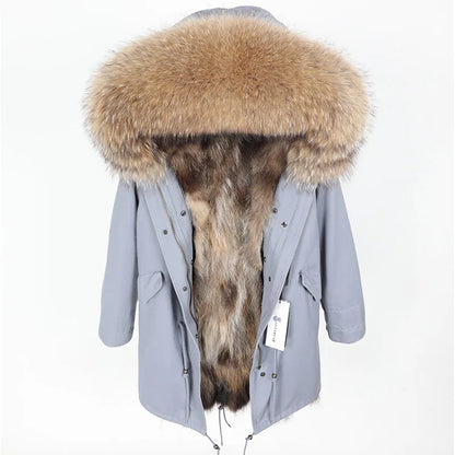 Maomaokong 2026 New Natural Fur Lining Real Fur Coat Winter Jacket Women Raccoon Fur Collar Warm Thick Parkas Female Clothing