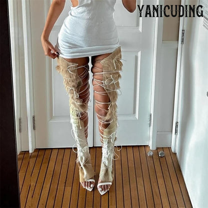 Fur Hide Lace up Sandal Boots Brown White Thigh High Elastic Cord Lace up Ties Summer Boots Sexy Novelty Designer Style Sandals