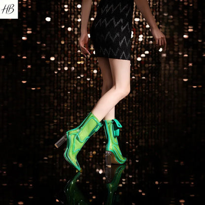 Women Glowing Transparent PVC Ankle Boots Pointed Toe Chunky Clear High Heel Fashion Sexy Dress Party Nightclub Festival Stage