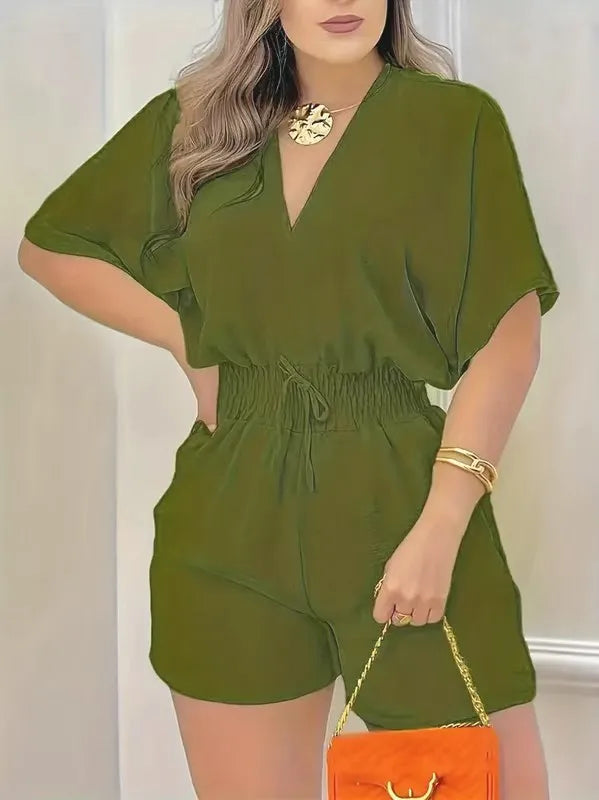 Jumpsuit Women 2024 Summer Fashion Cold Shoulder Drawstring Shirred Romper Women's Clothing Casual High Waist Short Jumpsuits