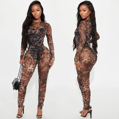 Sexy Bodycon Jumpsuits Women Clothes Leopard Mesh Print Semi Perspective Jump Suit Long Sleeve Bodysuit Nightclub Club Clothes