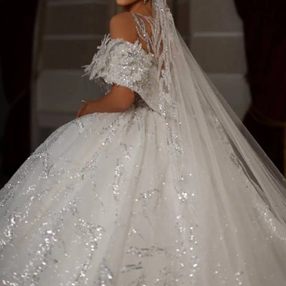 Dazzling V Neck Chic Wedding Dress Corset Women High Quality Ball Gown Customized Romantic Off the Shoulder Long Bride Wear