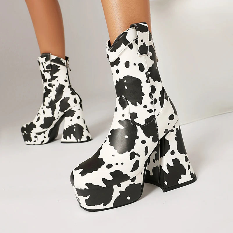 Microfiber Cow Pattern Slip On Short Boots Ultra-High Shaped Tapered Thick Heel Platform Denim Material Ankle Boots
