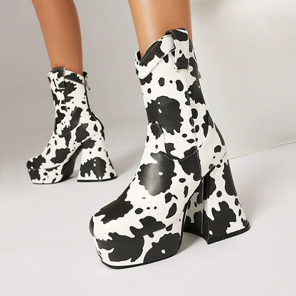 Microfiber Cow Pattern Slip On Short Boots Ultra-High Shaped Tapered Thick Heel Platform Denim Material Ankle Boots