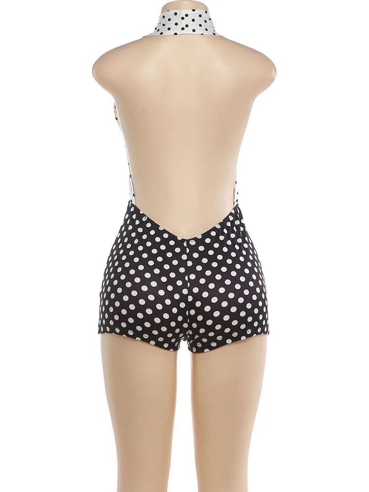 Weird Puss Polka Dots Print Patchwork Halter Backless Playsuit Summer Women's Suit Sexy Stretch Woman Jumpsuits and Rompers