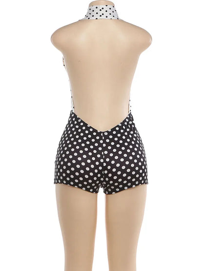Weird Puss Polka Dots Print Patchwork Halter Backless Playsuit Summer Women's Suit Sexy Stretch Woman Jumpsuits and Rompers