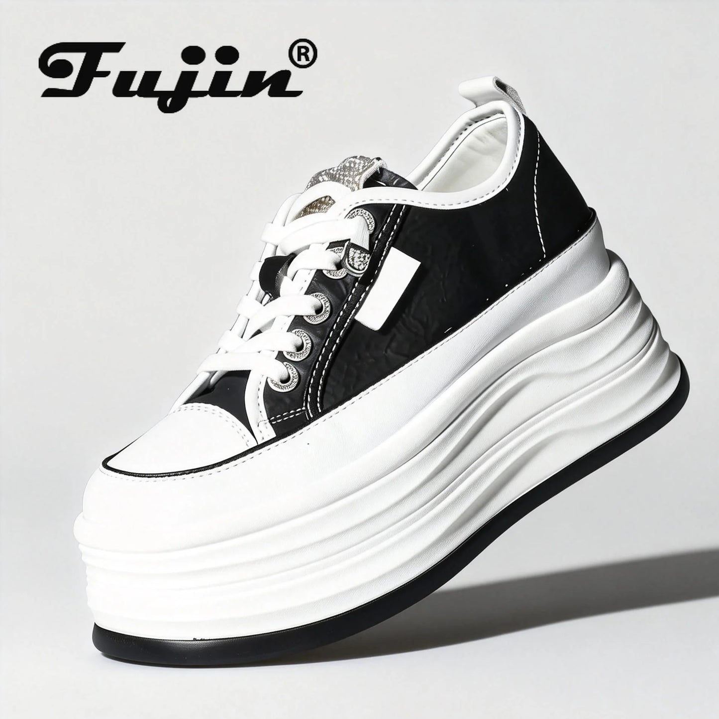 Fujin Casual Shoes For Woman Shoes on Platform Heel Shoes 9 cm 3 inch  White Comfortable High Heel Hidden Chunky Wedge Sneakers