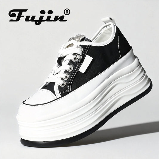 Fujin Casual Shoes For Woman Shoes on Platform Heel Shoes 9 cm 3 inch  White Comfortable High Heel Hidden Chunky Wedge Sneakers