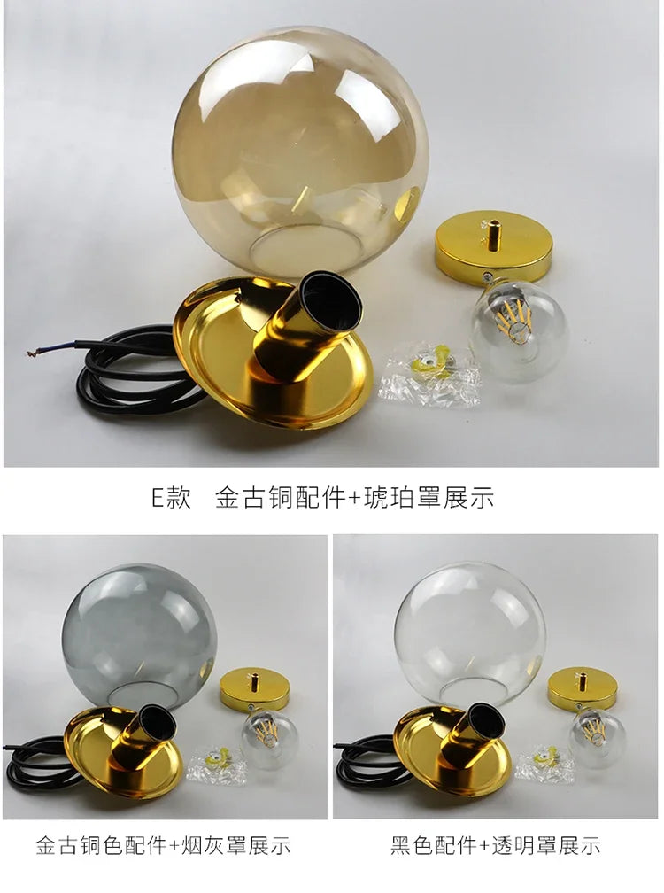 Modern Simple Glass Chandelier Bar Counter Restaurant Gold Hanging Lights Silver Metal Amber Ashtray Ball Glass Suspension Lamp