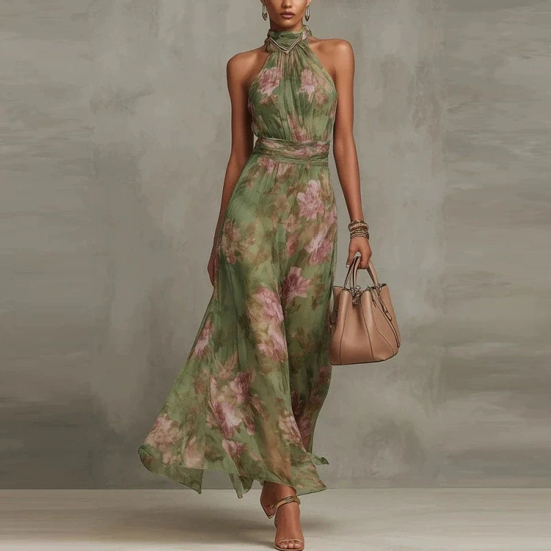 SINGREINY Elegant Green Floral Halter Chiffon Maxi Dresses Trendy Sleeveless A-line 2026 Women Floral Wedding Guest Party Dress