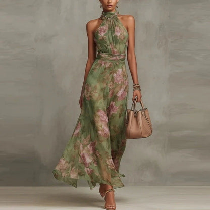 SINGREINY Elegant Green Floral Halter Chiffon Maxi Dresses Trendy Sleeveless A-line 2026 Women Floral Wedding Guest Party Dress