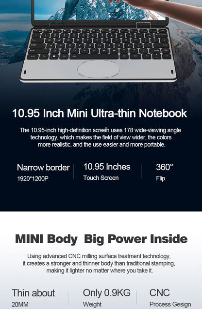CRELANDER Mini Yoga Laptop 10.95"Touch Screen DDR4 16GB M2 SSD Backlit Keyboard 360° Flipable Windows 11 Laptops PC Tablet
