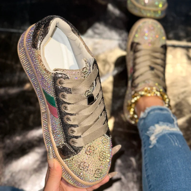 Women's Designer Shoes Women's Luxury Platform Sneakers Crystal Water Diamond Fashion Lace Up Casual Shoes Zapatillas De Deporte